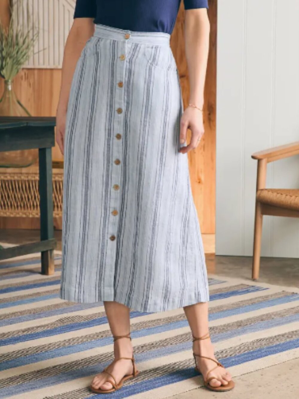 Faherty La Jolla Button Down Linen Blue Striped Midi Skirt Cottagecore Pastoral